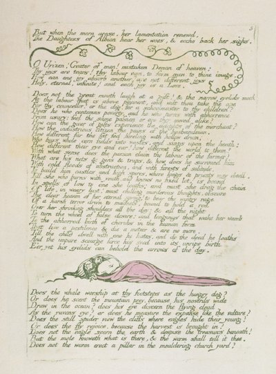 "ولكن عندما نشأ الصباح ..." ، اللوحة 8 من "رؤى بنات ألبيون" ، 1793 (نقش بارز باللون الأخضر مع مرحاض) بواسطة وليام بليك